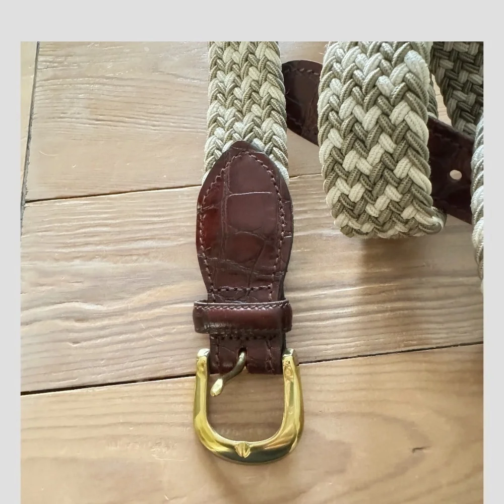 Crookhorn Belt Brown Croc Woven Braided Taupe Cream Brass Buckle Size 44
